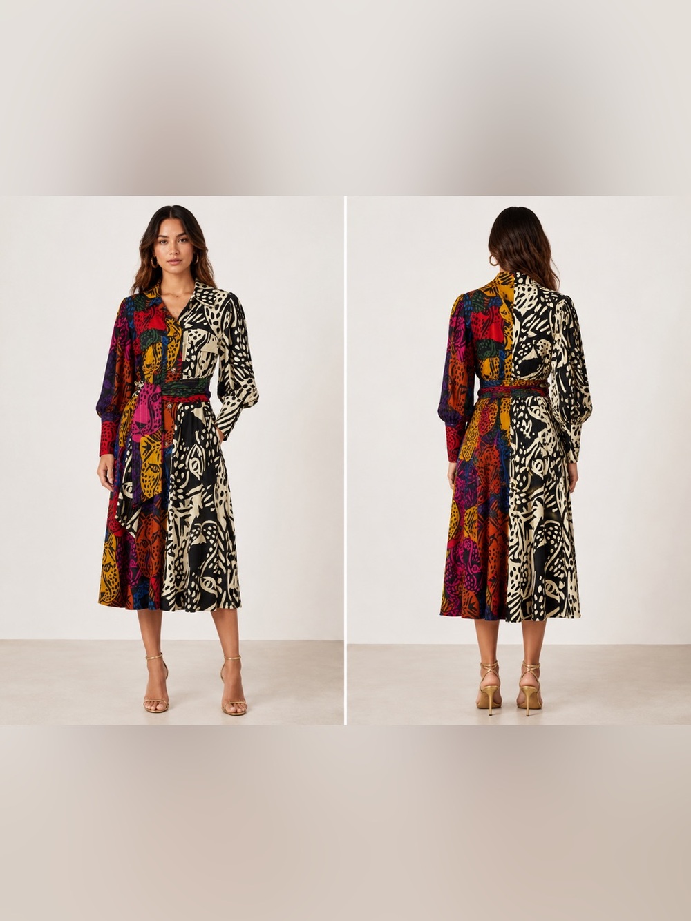 FARM Rio Mixed Print Midnight Leopards Shirtdress | Size S | Belted Midi Dress
